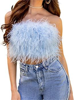 Feather Top Women Sexy Feather Cami Tube Vest Sleeveless Strapless Backless Fluffy Slim Fit Tube Tops (White A, L) at Amazon Women’s Clothing store