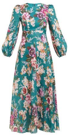 Allia Floral Print Linen Dress - Womens - Green