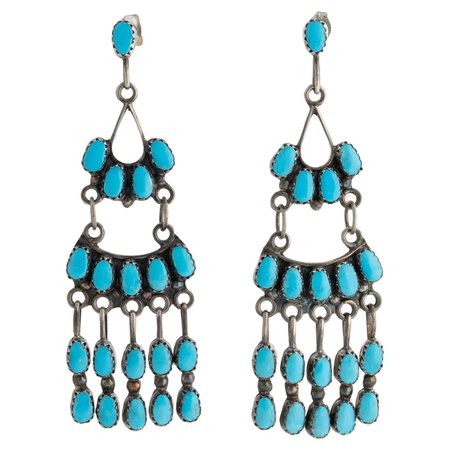 Vintage Native American Zuni Silver and Turquoise Long Chandelier Earrings For Sale at 1stDibs