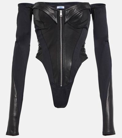 Mugler - Off-shoulder leather-paneled bodysuit | Mytheresa