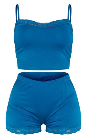 Steel Blue Jersey Lace Trim Short Pj Set | PrettyLittleThing CA
