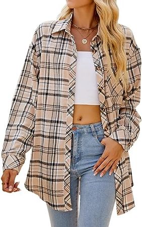 CHYRII Womens Button Down Flannel Shirts Long Sleeve Plaid Shackets Business Casual Blouse Top at Amazon Women’s Clothing store