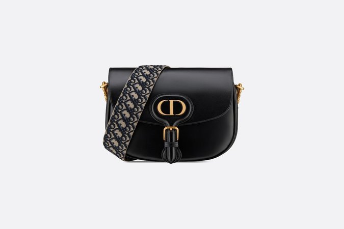 Large Dior Bobby Bag Black Box Calfskin with Blue Dior Oblique Embroidered Strap - Bags - Women's Fashion | DIOR