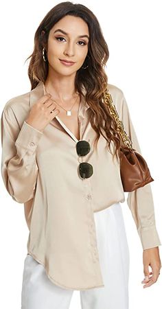 Atnlewhi Womens Long Sleeve Button Down Satin Silk Shirts Casual Business Office Blouse Tops Apricot