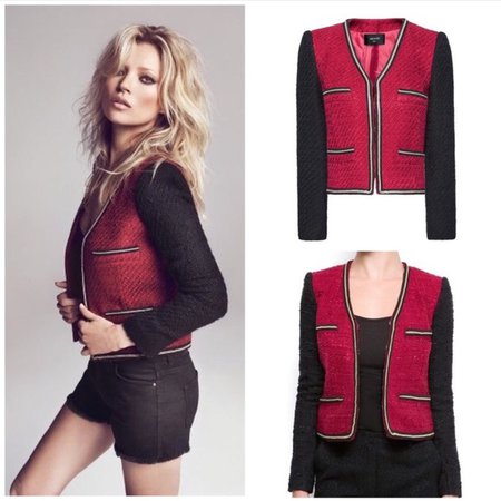 Kate Moss for Mango black and red boucle cropped jacket with chain trim detail,