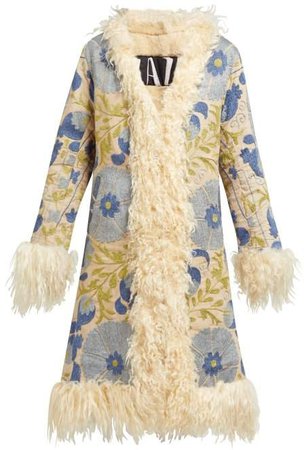 Zazi Vintage - Suzani Embroidered Shearling Lined Coat - Womens - Blue White