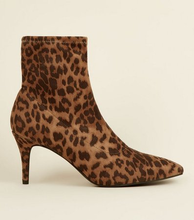 Tan Leopard Print Suedette Kitten Heel Sock Boots | New Look
