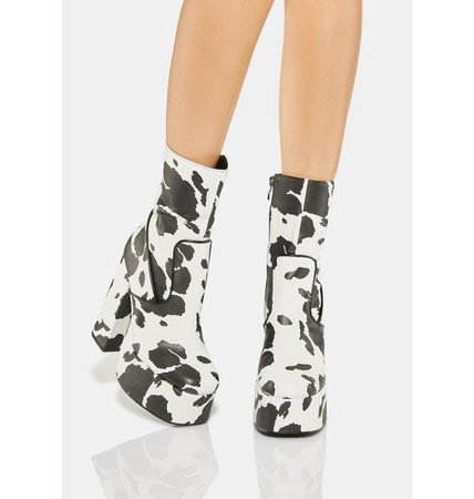 Koi Footwear Cow Print Chunky Heeled Platform Boots - Black/White | Dolls Kill