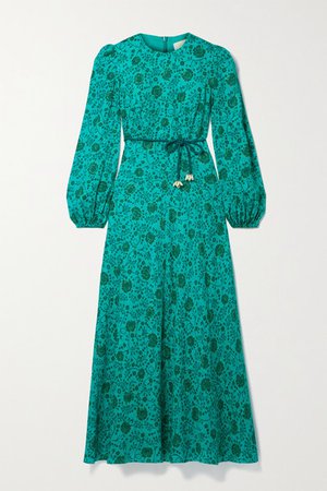 Lulu Belted Floral-print Linen Midi Dress - Jade