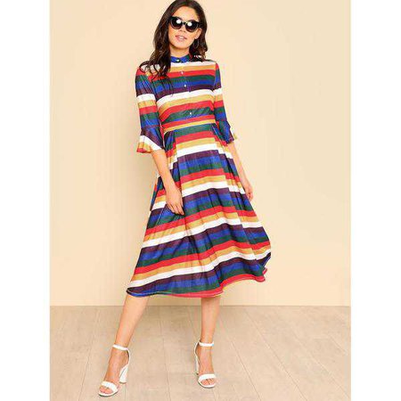 Sundresses | Shop Women's Multicolor Button Up Front Flounce Sleeve Striped Dress at Fashiontage | 1f8d35ea-0-size-xs-color-multicolor