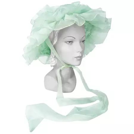 1970s Sea Foam Green Whimsical Fashion Hat with Layered Ruffles For Sale at 1stDibs