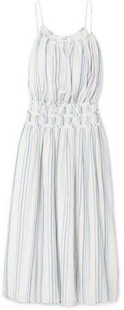 Shirred Striped Cotton-voile Midi Dress - White