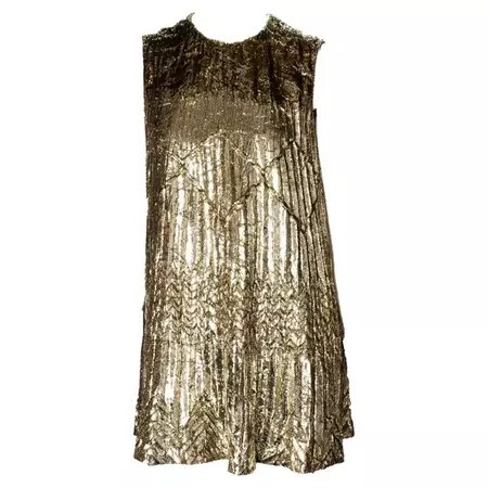 F/W 1994 Gianni Versace Gold Lame Lurex Pleated Tinsel Mini Tent Dress For Sale at 1stDibs | gold lame dress, gold tinsel dress, pleated lame dress