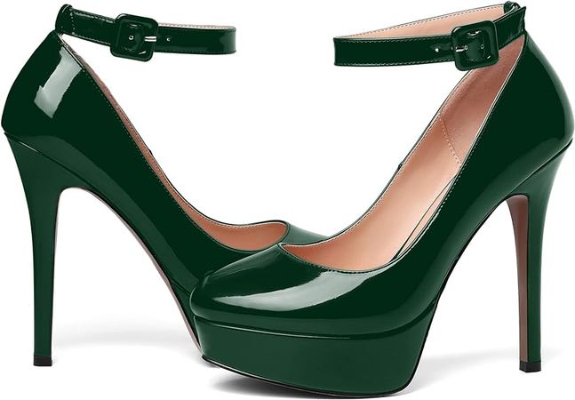 Amazon.com | MOVINSTEPS Women's Stiletto Evening Patent Buckle Platform Ankle Strap Round Toe Sexy High Heel 5 Inch Pumps Shoes Dark Green Size 9 - Tacones de Mujer Sexy | Pumps