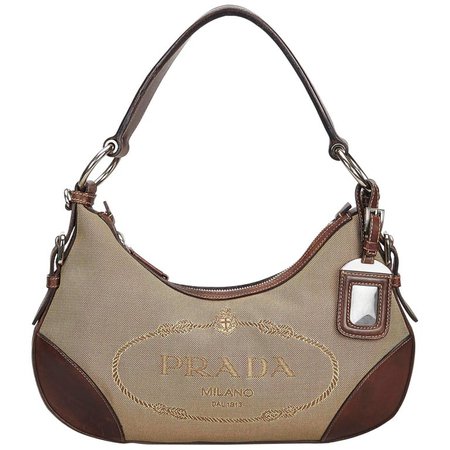 Prada Brown Beige Canvas Fabric Canapa Shoulder Bag Italy For Sale at 1stdibs