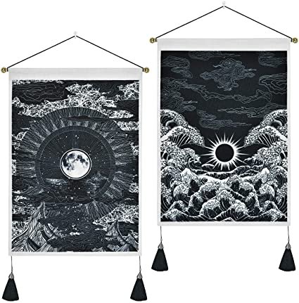 Amazon.com: Pack of 2 Tapestry Moon and Star Tapestry Ocean Wave Tapestry Black and White Tapestries Mountain Tapestry Sunset Great Wave Tapestry Wall Hanging for Room (13.8 x 19.7 inches): Everything Else