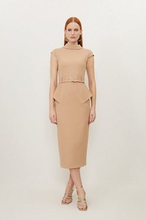 Petite Structured Crepe Turtleneck Peplum Belted Midi Dress | Karen Millen