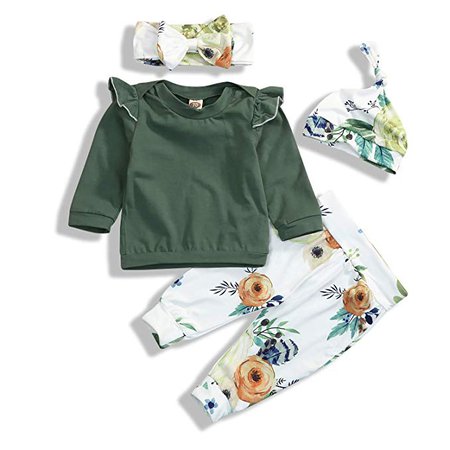 Amazon.com: Toddler Baby Girls Spring Outfit Long Sleeve Ruffle Shirts+Floral Pants+Headband+Hat Clothes Set 4Pcs: Clothing