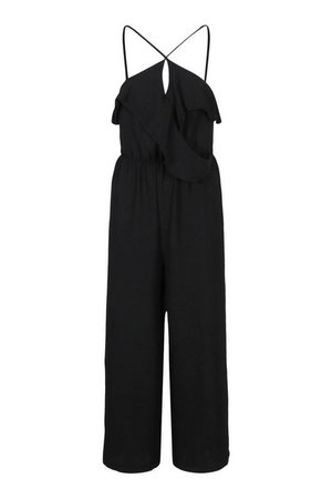 Linen Mix Ruffle Cullotte Jumpsuit | boohoo black