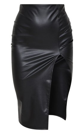 Black Faux Leather Extreme Side Split Midi Skirt | PrettyLittleThing