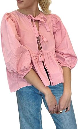 Women Y2K Puff Short Sleeve Peplum Shirts Tie Front Ruffle Hem Babydoll Blouse Tops Teen Girls Lace up Cute Summer Tops at Amazon Women’s Clothing store