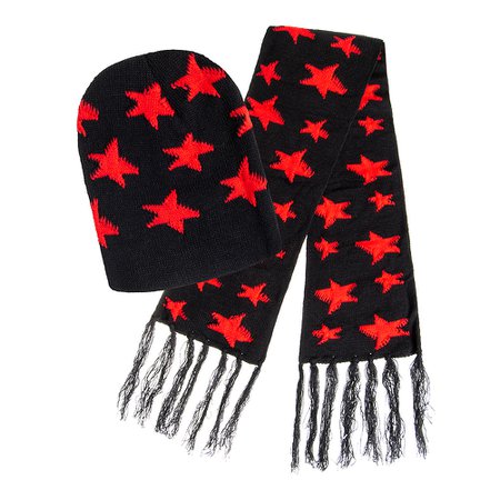 Blue Banana Stars Black Red Hat & Scarf, Knitted Accessory Set