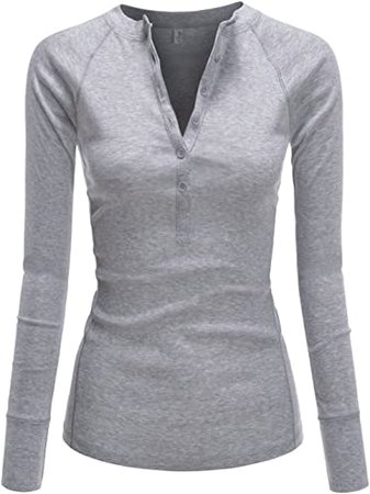 NEARKIN (NKNKWBT64 Womens Fitted Tee Henley Neck Long Sleeve Cotton Tshirts Gray US L(Tag Size XL) at Amazon Women’s Clothing store
