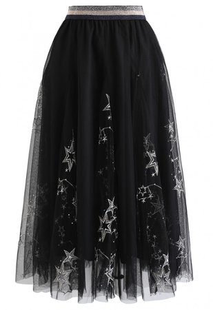 Sequined Embroidered Star Mesh Tulle Skirt in Black - NEW ARRIVALS - Retro, Indie and Unique Fashion
