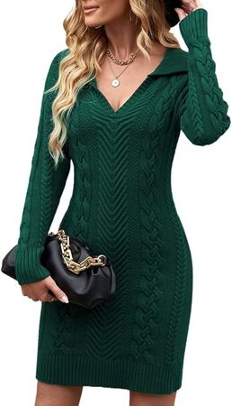 BLENCOT Womens V Neck Sweater Jumper Winter Long Sleeve Chunky Knit Sweater Dress Green Large at Amazon Women’s Clothing store