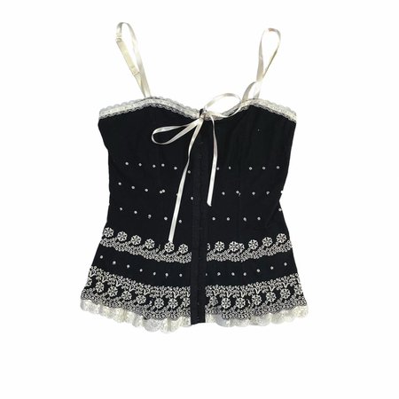 black corset style embroidered lace trim tank top