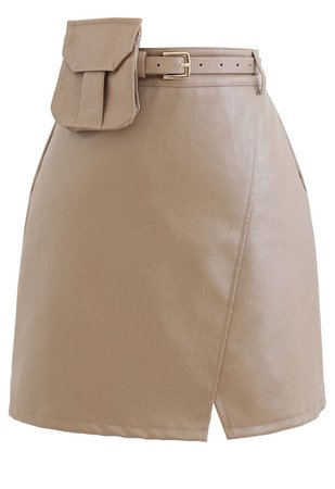 Belted Pocket Faux Leather Mini Bud Skirt in Tan - Retro, Indie and Unique Fashion