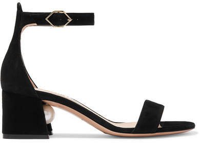 Miri Faux Pearl-embellished Suede Sandals - Black