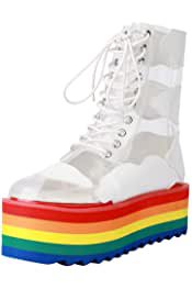 Amazon.com : Women's Rainbow Platforms Summer Ankle Boots Waterproof Transparent Boot High Heel Platform Booties Lace-up Sandals