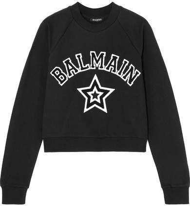 Cropped Appliquéd Cotton-jersey Sweatshirt - Black