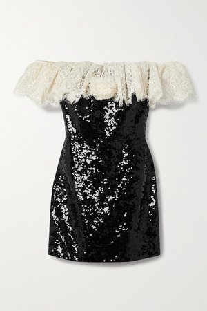 Black Off-the-shoulder lace-trimmed sequined crepe mini dress | SAINT LAURENT | NET-A-PORTER