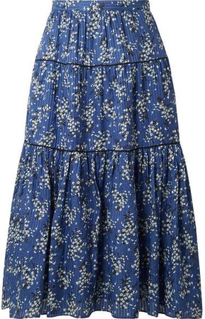 Auveline Floral-print Cotton And Silk-blend Midi Skirt - Blue