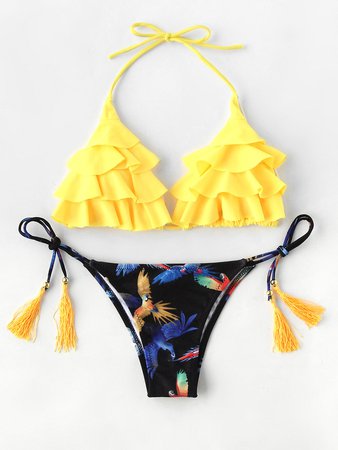 Bird Print Tassel Tie Flounce Bikini Set
