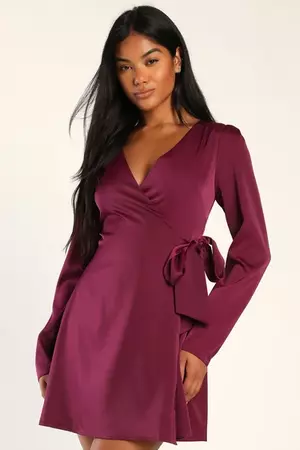 Purple Satin Dress - Long Sleeve Mini Dress - Mini Wrap Dress - Lulus