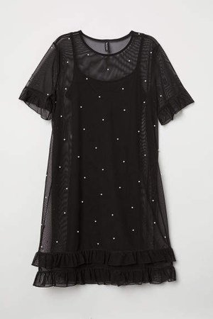 Mesh Dress with Beads - Black