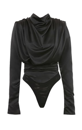 Clothing : Bodysuits : 'Giselle' Black Satin Blouse Bodysuit