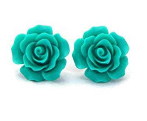 teal rose earrings