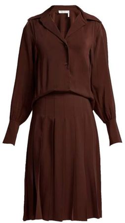 Pleated Silk Crepe De Chine Shirtdress - Womens - Dark Brown