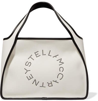 Faux Leather-trimmed Eyelet-embellished Canvas Tote - White