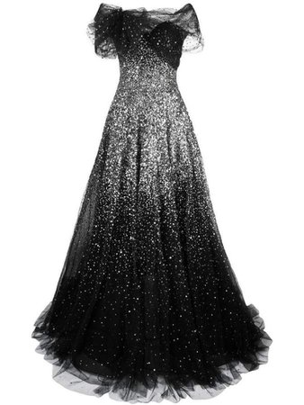 Black and silver glitter off the shoulder gown