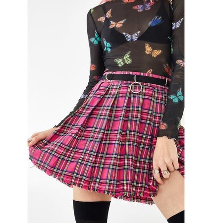 Current Mood Pink Plaid Schoolgirl O-Ring Pleated Skirt | Dolls Kill