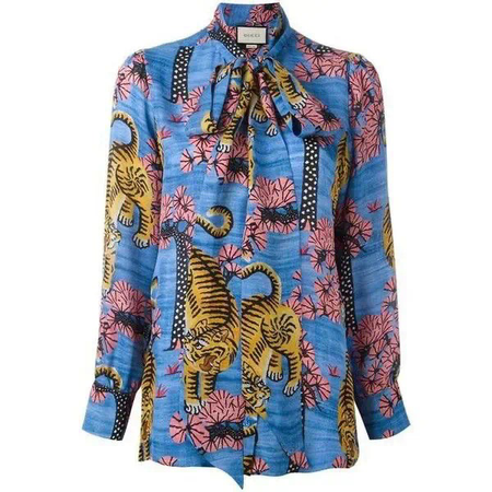 Gucci Blue and Gold Tiger Blouse