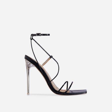 Nights Strappy Square Toe Clear Perspex Heel In Black Faux Leather | EGO