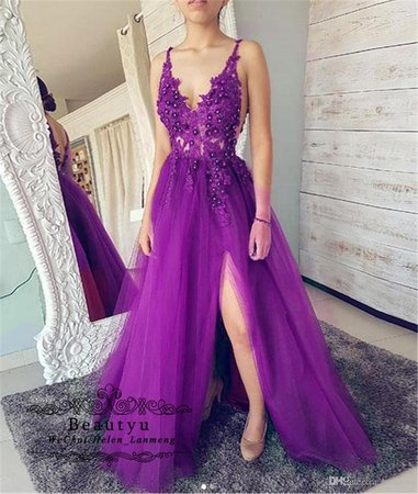 Wonderful Purple Tulle Prom Dress 2019 New High Slit Spaghetti Strap A Line Backless Illusion Lace Plus Size Formal Party Evening Gowns Canada 2019 From Beautyu, CAD $152.80 | DHgate Canada