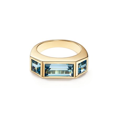 Paloma's Studio baguette three-stone ring in 18k gold with blue topazes. | Tiffany & Co.