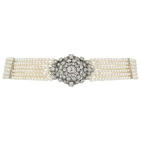 Late Georgian Six-Row Natural Pearl and Diamond Collar Necklace For Sale at 1stDibs